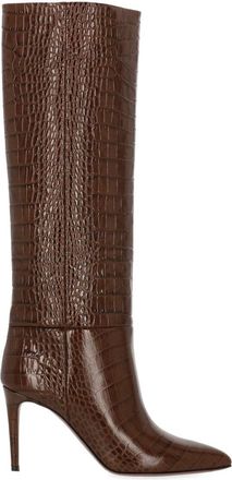 PARIS TEXAS Mid-Calf Brown Crocodile-Effect Boots With Arrow Toe
