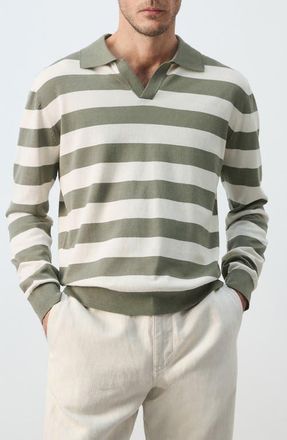 Mango Fine Knit Long Sleeve Stripe Polo in Forest Green at Nordstrom, Size Large