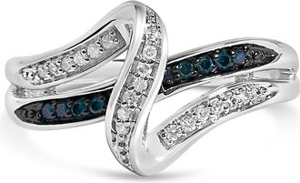 House of Brilliance Sterling Silver 1/10 Cttw Blue and White Diamond Crossover Ring
