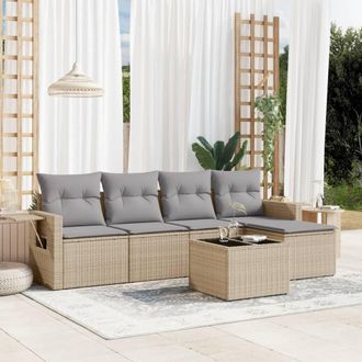 vidaXL Juego De Sof&aacute;s Jard&iacute;n Con Cojines 6 Pzas Rat&aacute;n Sint&eacute;tico Beige Vidaxl