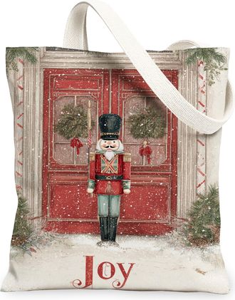 Generic Christmas Nutcracker Canvas Tote Bags, Vintage Design Reusable Grocery Bags, Winter Lightweight Washable Shoulder Strap Can, Red, 13x15 Inch
