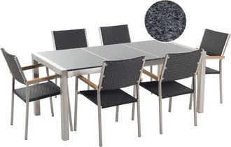 Beliani Conjunto De Comedor De Jard&iacute;n Negro Con Mesa 180 X 90 Cm De Granito Negro 6 Sillas De Rat&aacute;n Grosseto