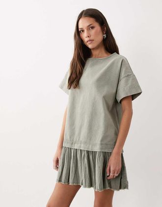 Asos Vestito T-shirt corto ibrido verde oliva slavato-Multi