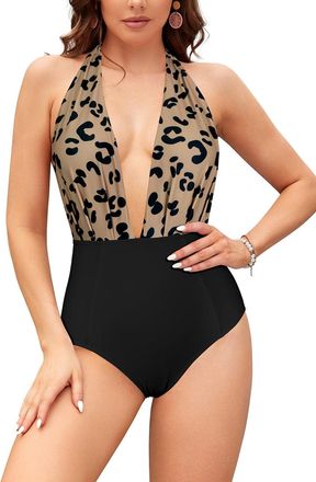 SHEKINI Womens Low Back Swimsuit Sexy Deep V Neck Beach Swimwear Padded Backless Halter Swimming Costume, Black+Leopard, X-Large