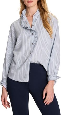 Nic+Zoe Ruffle Neck Stripe Shirt in Blue Multi at Nordstrom, Size Xx-Large