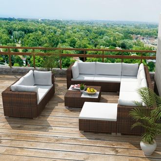vidaXL Set Muebles De Jard&iacute;n 10 Pzas Y Cojines Rat&aacute;n Sint&eacute;tico Marr&oacute;n Vidaxl