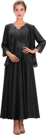 Generic Black 2 Pieces Mother of The Bride Dresses with Jacket Chiffon 3/4 Sleeve Tea Length Formal Evening Gown Lace Wedding Guest Dress 20 Plus