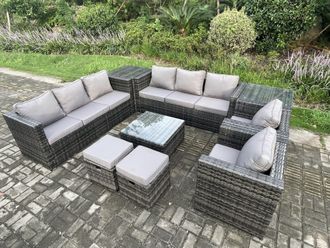 Fimous Outdoor Rattan Garden Furniture Set 10 Seater Patio Lounge Sofa Set with 2 Armchairs Square Coffee Table 2 Side Tables in Dark Grey