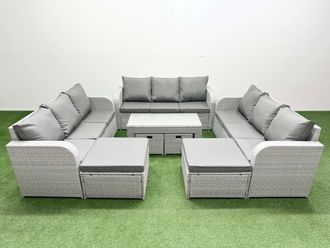 Fimous PE Rattan 3 Seater Sofa Set with Oblong Coffee Table 4 Footstools in Light Grey