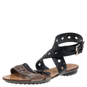 Tod's Tods Black/grey Leather Flat Sandals