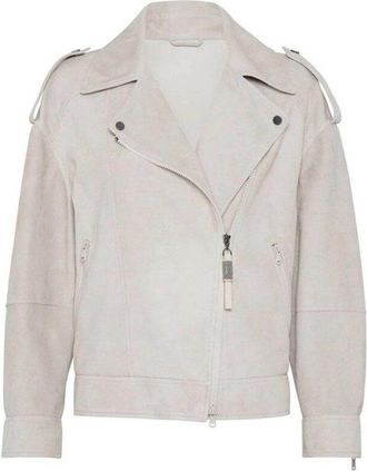 Brunello Cucinelli Light Beige Leather Biker Jacket, Brand Size 46 (US Size 12)
