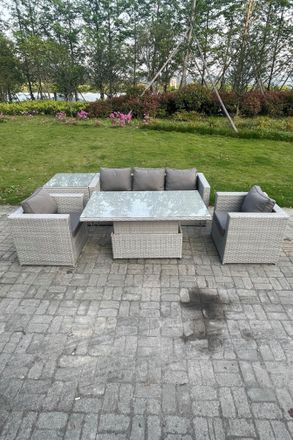 Fimous Rattan Garden Funiture Set Height Adjustable Rising Lifting Table Loung Sofa Dining Set With 2 Arm Chair in Light Grey