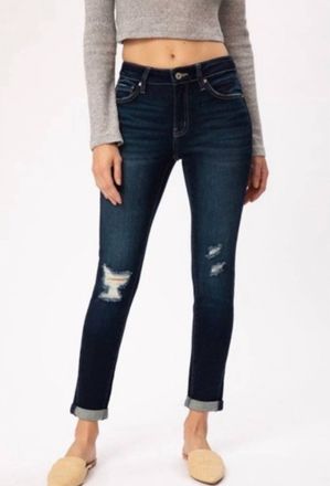 Kancan Distressed Mid Rise Jean In Dark Wash