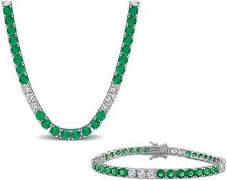Delmar Created Emerald & Created White Sapphire Tennis Necklace & Bracelet Set in Green at Nordstrom Rack