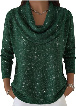 Generic Cozy Sweaters for Women 2025 Knitted Casual Loose Pullover Fashion Sparkly Sequin Cowl Neck Dressy Christmas Sweaters (Sparkling Dark Green,S)