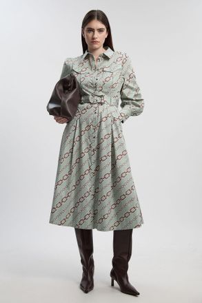 Karen Millen Womens Petite Chain Print Cotton Sateen Belt Detail Woven Shirt Dress - Multicolour - Size 14 UK