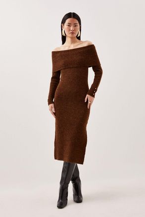 Karen Millen Womens Wool Blend Cosy Bardot Knit Midi Dress - Chocolate - Size X-Small