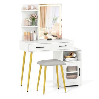 Costway Costway Modern Vanity Set w/ Drawer & Lights Makeup Dressing Table w/ Stool in White