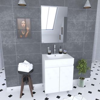 Aurlane Aurlane - Mueble De Ba&ntilde;o 60x45x81- Mdf Melamina Blanca Brillante- Lavabo De Cer&aacute;mica + Espejo