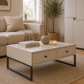 Dmora Mesa De Centro Liparoza, 2 Cajones, 2 Compartimentos, Forma Rectangular, 77x60x36h Cm Beige