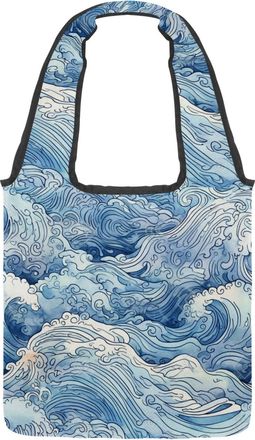 Generic Waves Pattern Reversible Canvas Shoulder Tote - Double-Sided Print, 12oz Cotton, 27cm Drop, Fold-Flat Bag for Travel, Shopping, Street Outings