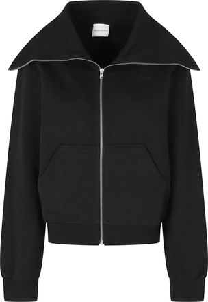 7 For All Mankind Black High Neck Cropped Cotton Zip Hoodie