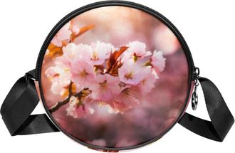 Generic Circle Crossbody Bag for Women, Pink Cherry Blossoms Small Sling Bag Daypack with Zipper Adjustable Shoulder Straps Casual Ladies Girls Round Purse