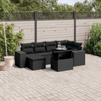 vidaXL Set De Sof&aacute;s De Jard&iacute;n 7 Pzas Con Cojines Rat&aacute;n Sint&eacute;tico Negro Vidaxl