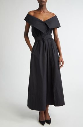 Lela Rose Asymmetric Portrait Collar Belted Shirtdress in Black at Nordstrom, Size 16