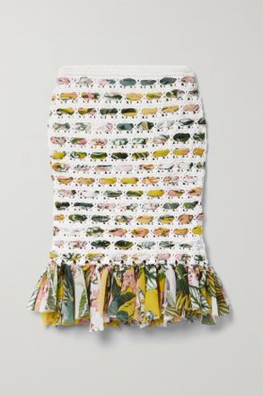 Oscar De La Renta Gonna In Cotone Crochet E Chiffon Stampato Con Frange - Avorio