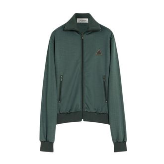 Lanvin Donkergroen wollen blouson met geborduurd driehoeklogo - Heren - Vesten met rits - Groen - S - Wol - Hoodies & sweatvesten