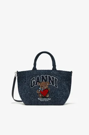 Ganni Navy Tweed Denim Small Bear Tote