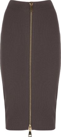 Elisabetta Franchi High-Waisted Brown Midi Skirt With Maxi Gold Zip Closure
