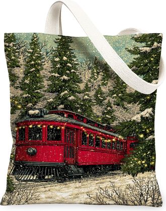 Generic Winter Train Canvas Tote Bags, Vintage Train Pattern Reusable Grocery Bags, Holiday Rustic Lightweight Washable Canvas for, Red, 13x15 Inch