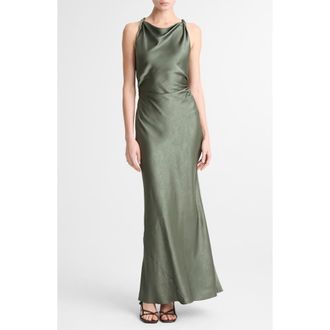 Vince Twist Strap Textured Satin Maxi Dress in Pine Grove at Nordstrom, Size 10