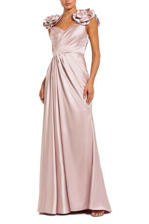 Mac Duggal Faux Wrap Satin Gown With 3D Flower Straps in Rose at Nordstrom, Size 6