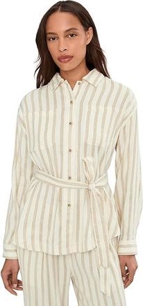 Liverpool L.A. Belted Stripe Shacket Womens Clothing Cream/Tan Regency Stripe : SM, Elastane/Linen/Polyester