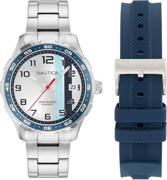 Nautica Nst Small 3-Hand Recycled Stainless Steel And Silicone Strap Watch Set