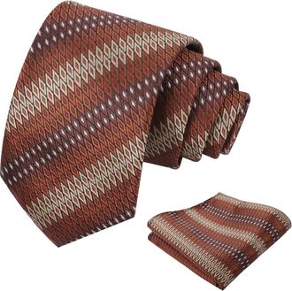 Alizeal Mens Regular Geometric Necktie and Pocket Square for Wedding Holiday Party Tie Set, Rust+Khaki