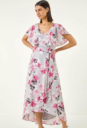 Roman Floral Frill Belted Wrap Dress