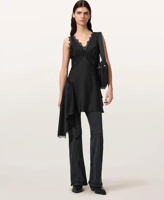 AllSaints Polyester Ilka Asymmetric Lace Mini Dress, Size: UK 14/US 10