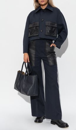Bottega Veneta Jacket With Leather Pockets, Womens, Navy Blue