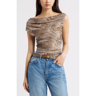 Open Edit Cap Sleeve Mesh Top in Tan Dash Animal at Nordstrom, Size Xx-Small