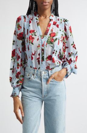 Alice & Olivia Arlette Floral Print Lace Trim Top in American Beauty Carolina Blue at Nordstrom, Size X-Small