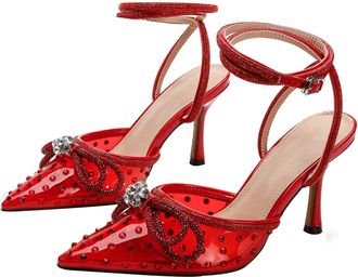Generic Heel Sandals for Women 8.5CM Pointed toe Sexy Ankle Strap Transparent TPU Rhinestones Bow Party Dress Heel (Red,10.5)