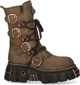 New Rock Brown Leather Gothic Mid-Calf Biker Boots - M-373XL-C120