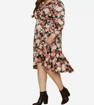 Skies Are Blue Clothing Plus Rose Print Ruffle Trim Floral Wrap Midi Dress In Black
