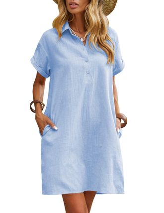 Zeagoo Womens Casual Cotton Linen Dresses Short Sleeve Mini Beach Summer Tunic Dress for Women Light Blue XL