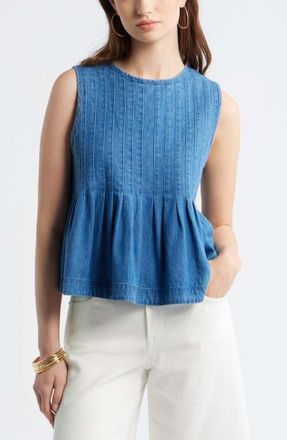 Treasure & Bond Pleated Cotton Chambray Top in Light Blue Wash at Nordstrom, Size Xx-Small