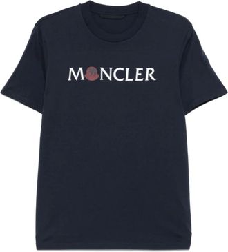 Moncler Tops, Heren, Blauw, M, Katoen, Navy Blue Logo Print T-shirt